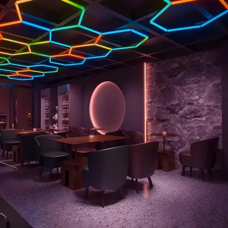 Customized RGB Hexagon LED Garage Light Honeycomb Ceiling Lamps With Remote APP Control for Car Wash Repair Gaming Room BarDecor