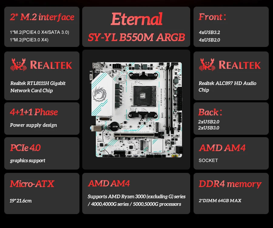SOYO World Premiere AMD B550M Gaming Motherboard USB3.2 PCIE3.0 M.2 NVME Dual Channel DDR4 AM4 Socket supports Ryzen 5700X CPU