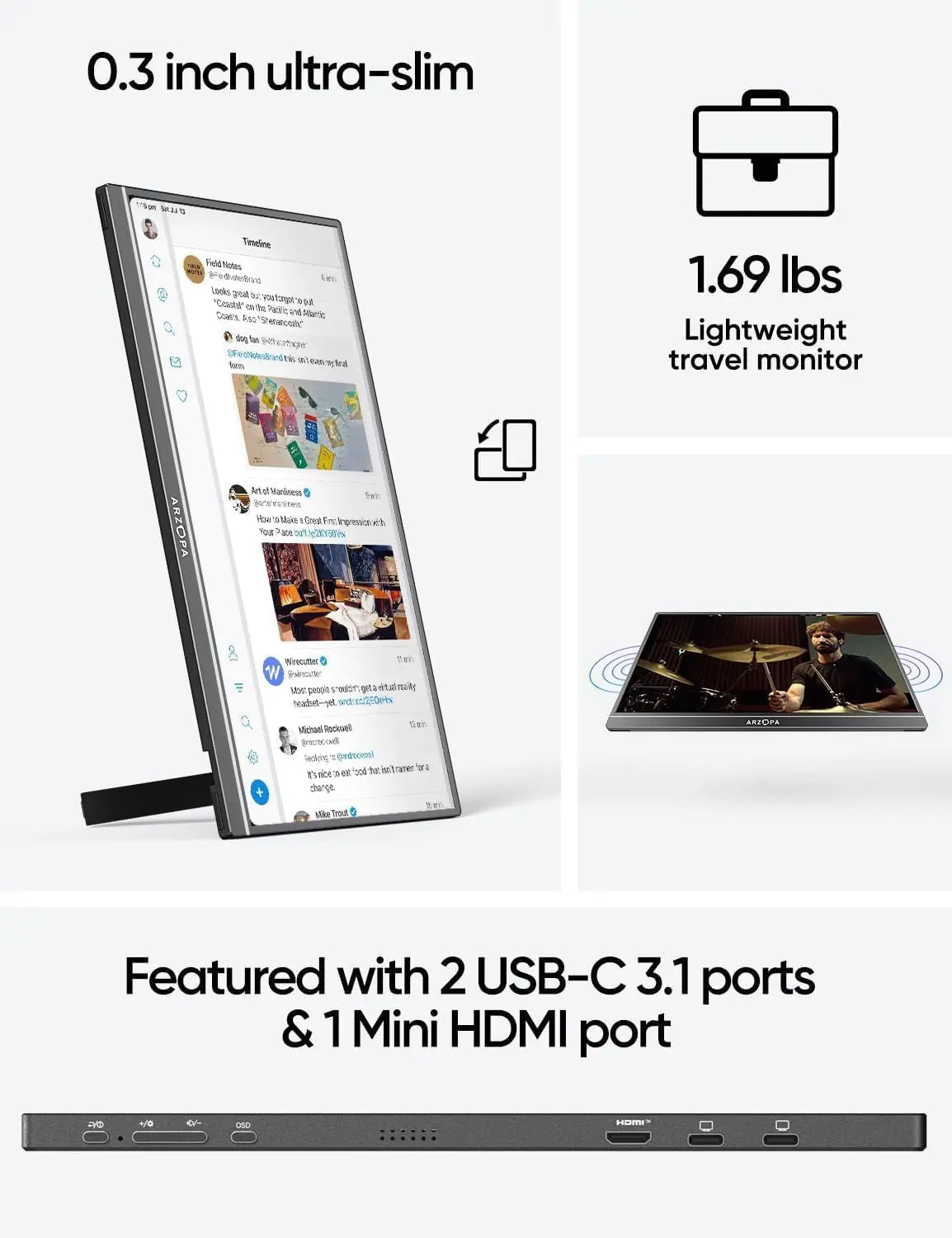 ARZOPA 17.3''1080P IPS Portable Gaming Monitor HDMI USB External Laptop Display Screen Kickstand for PC/Mac/Phone/Xbox/Switch/PS