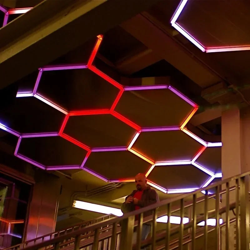 Customized RGB Hexagon LED Garage Light Honeycomb Ceiling Lamps With Remote APP Control for Car Wash Repair Gaming Room BarDecor