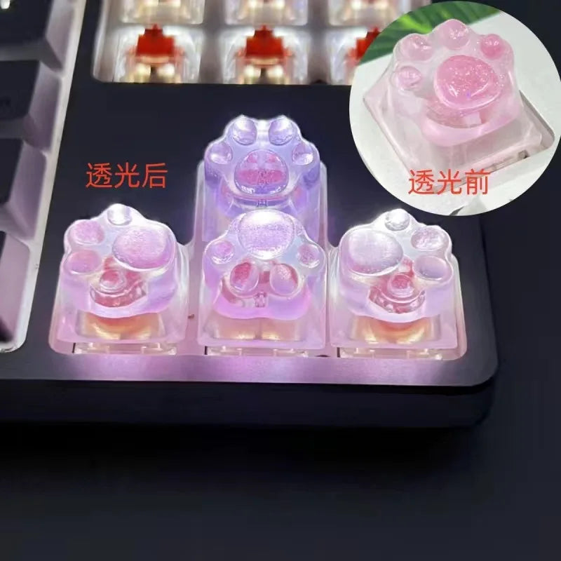 4pcs White Translucent Cat Paw Cute Keycap for Cross Axis Mechanical Keyboard Pink Custom ESC WASD Cap Key Cap Game