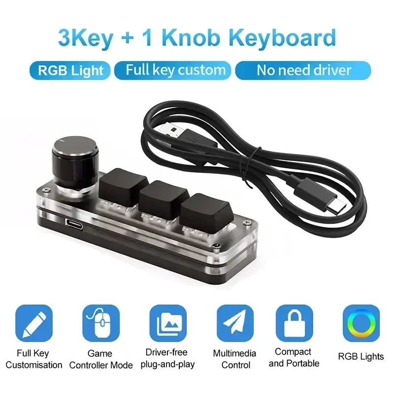 RGB 3 key Customize Wired Mini Keyboard Macro Knob Copy Paste Shortcut Key E-sports Game Mechanical Hot Swap Mini Keyboard