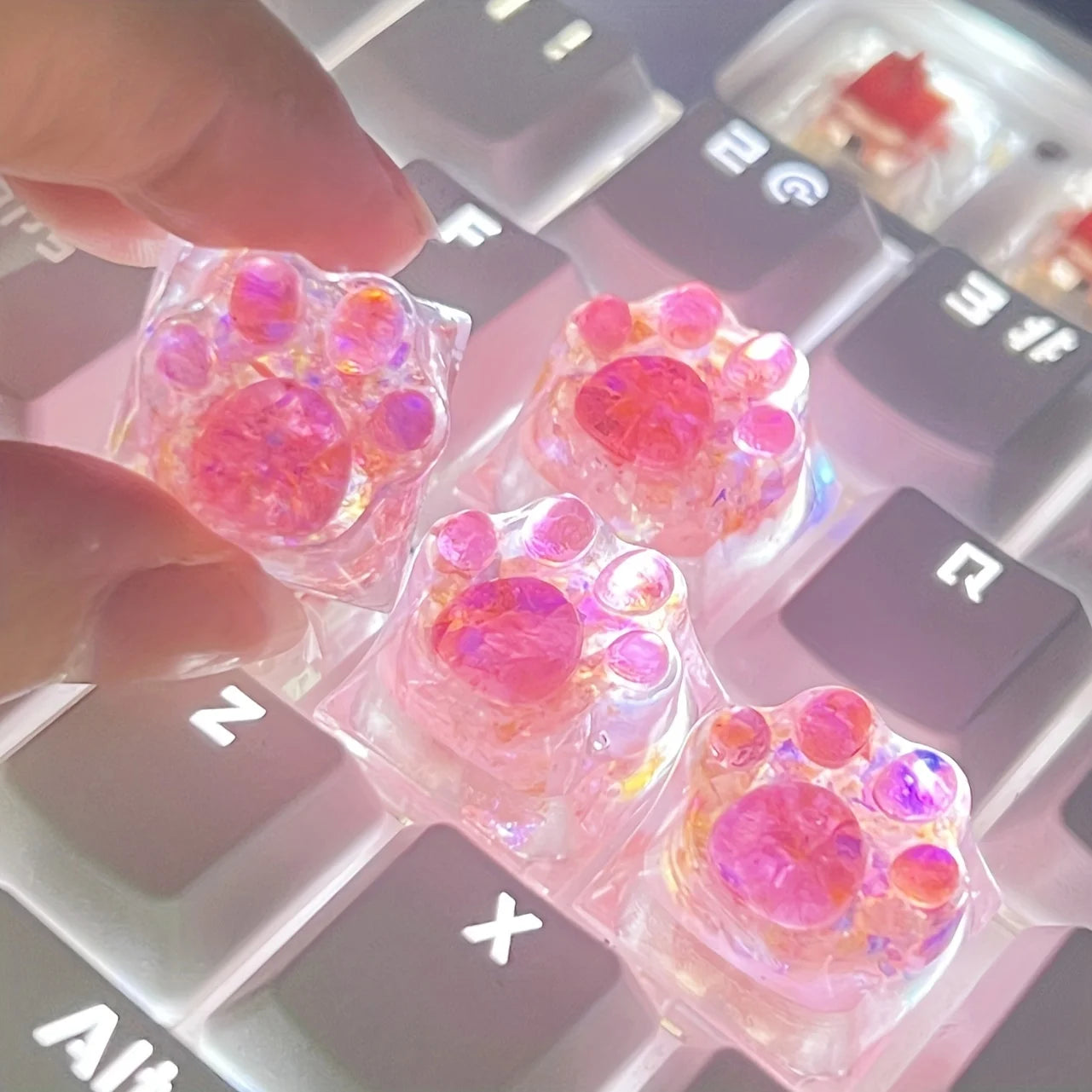 4pcs Sequin Cute Cat Claw Keycaps Cross Axis Mechanical Transparent Keycaps Accessories