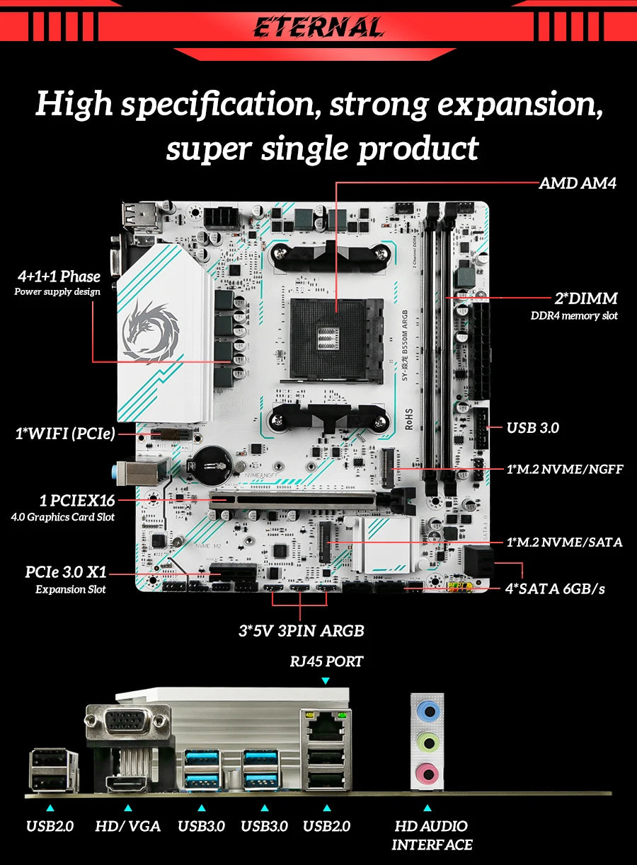 SOYO World Premiere AMD B550M Gaming Motherboard USB3.2 PCIE3.0 M.2 NVME Dual Channel DDR4 AM4 Socket supports Ryzen 5700X CPU