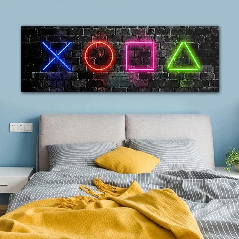 Neon Game Button Symbol Gaming Canvas Art Print Poster Wall Art Canvas Picture for Living Room Cuadros Home Wall Decoration