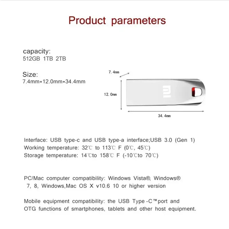 2TB Metal Usb 3.0 Flash Drives High Speed Pendrive 1TB 512GB Usb Drive Portable SSD Memoria Usb Flash Disk TYPE-C Adapter