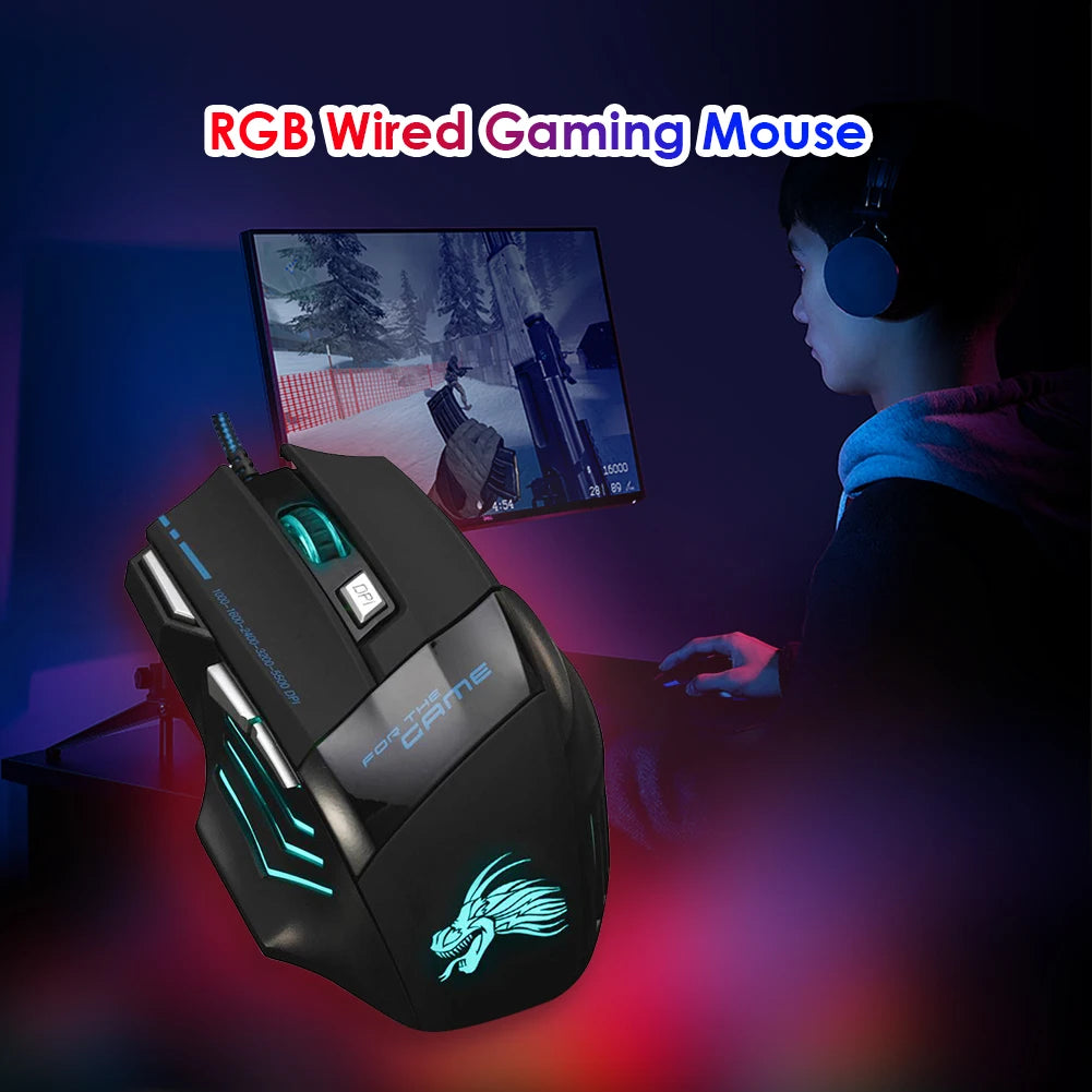 USB Wired Gaming Mouse 7-Color Backlight 5500 DPI Adjustable Optical Mice Ergonomic Computer Mouse for Desktop Laptop PC Gamer