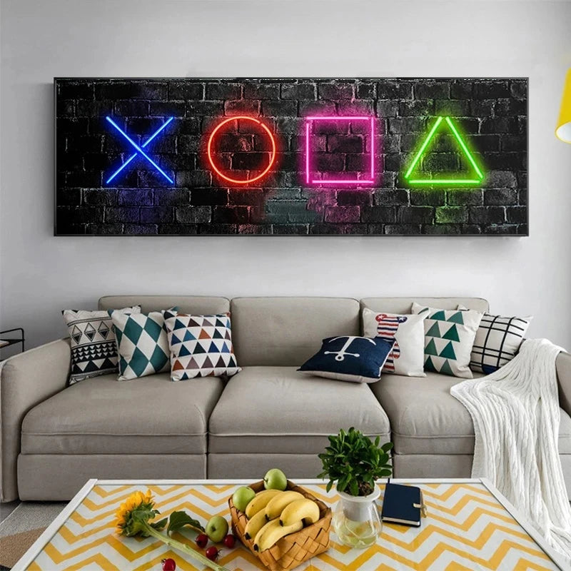 Neon Game Button Symbol Gaming Canvas Art Print Poster Wall Art Canvas Picture for Living Room Cuadros Home Wall Decoration