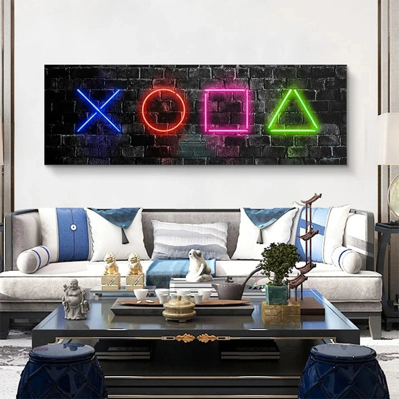 Neon Game Button Symbol Gaming Canvas Art Print Poster Wall Art Canvas Picture for Living Room Cuadros Home Wall Decoration