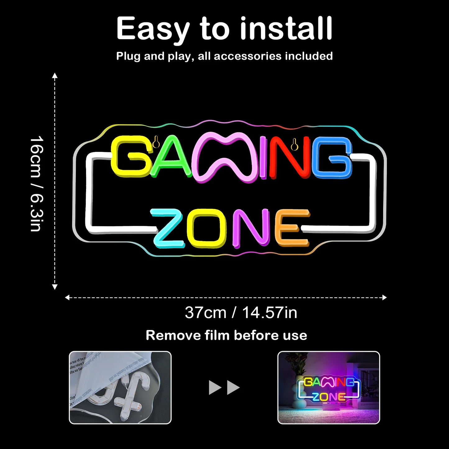 Gaming Zone Neon Sign USB Powered Wall Hanging Colorful Multipurpose Neon Light for Gaming Room Home Party Pub Club
