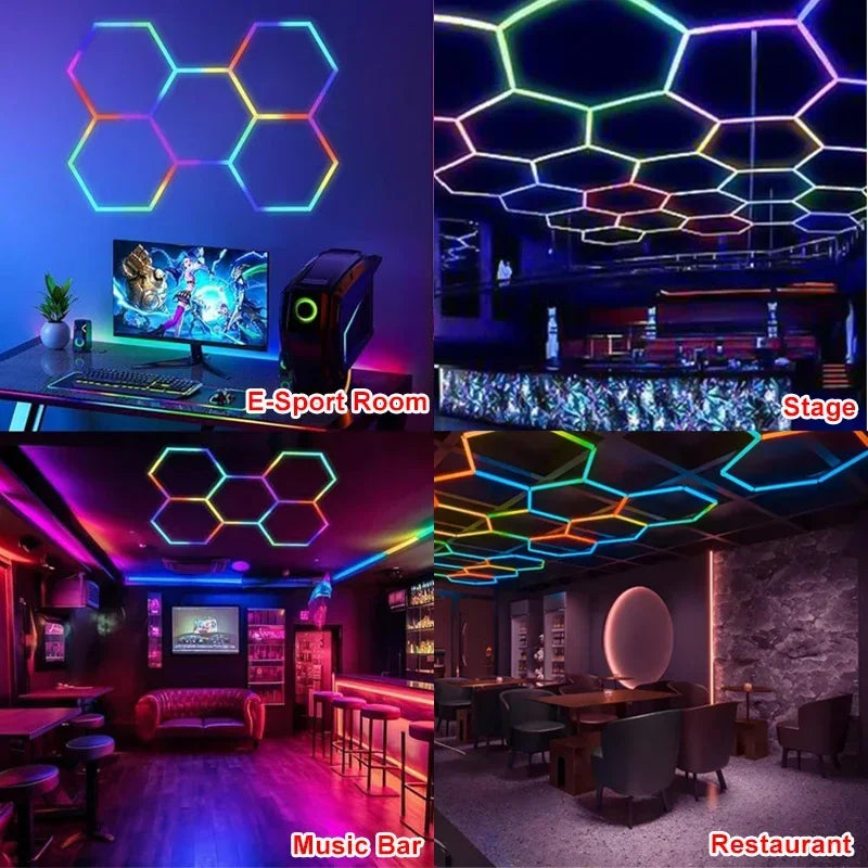 Customized RGB Hexagon LED Garage Light Honeycomb Ceiling Lamps With Remote APP Control for Car Wash Repair Gaming Room BarDecor