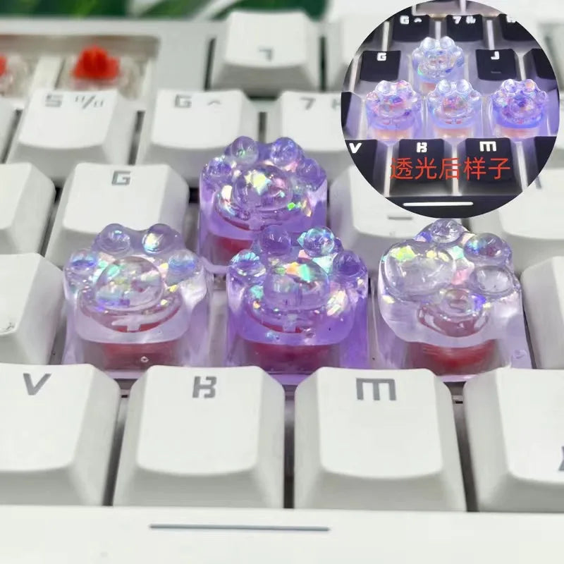 4pcs White Translucent Cat Paw Cute Keycap for Cross Axis Mechanical Keyboard Pink Custom ESC WASD Cap Key Cap Game