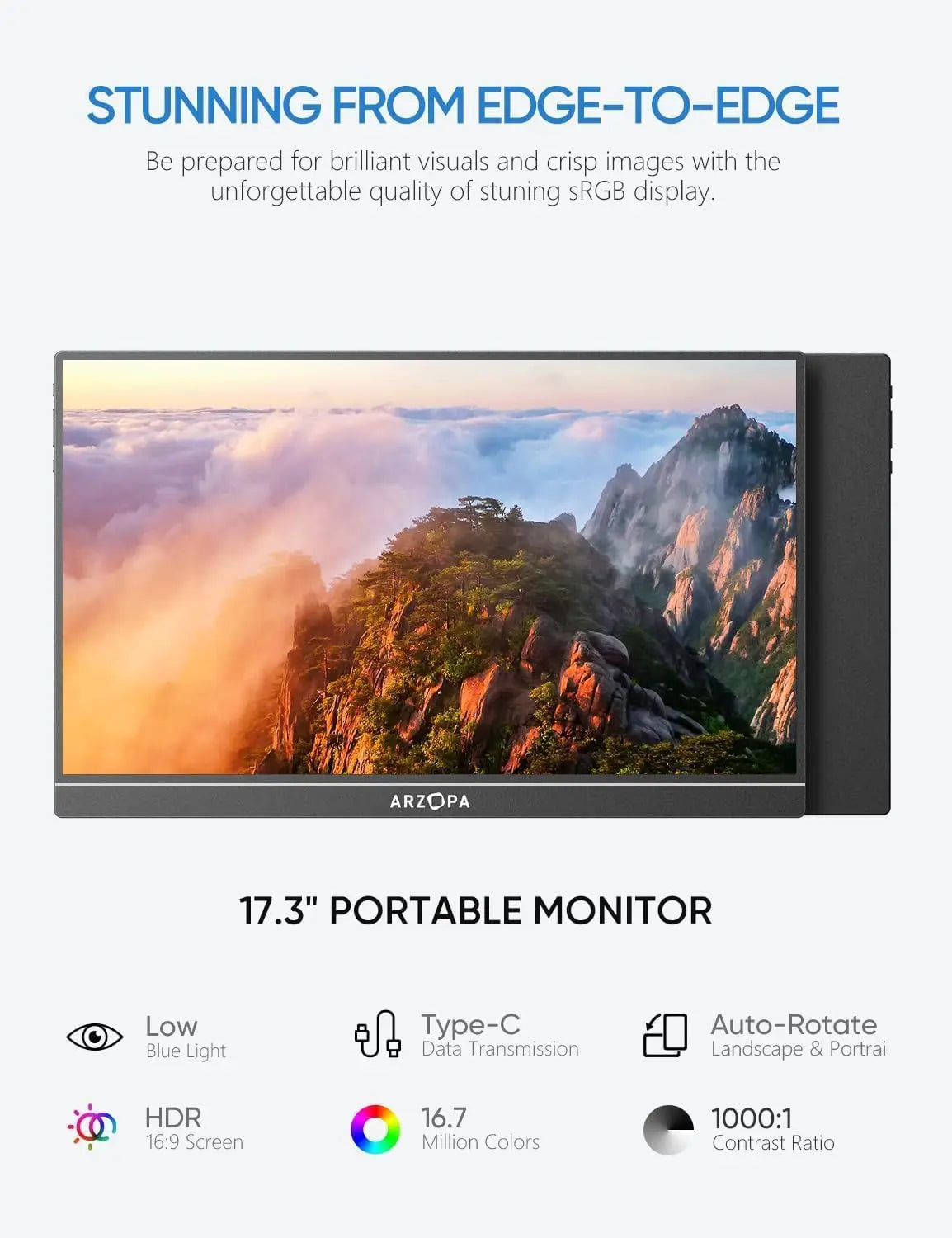 ARZOPA 17.3''1080P IPS Portable Gaming Monitor HDMI USB External Laptop Display Screen Kickstand for PC/Mac/Phone/Xbox/Switch/PS