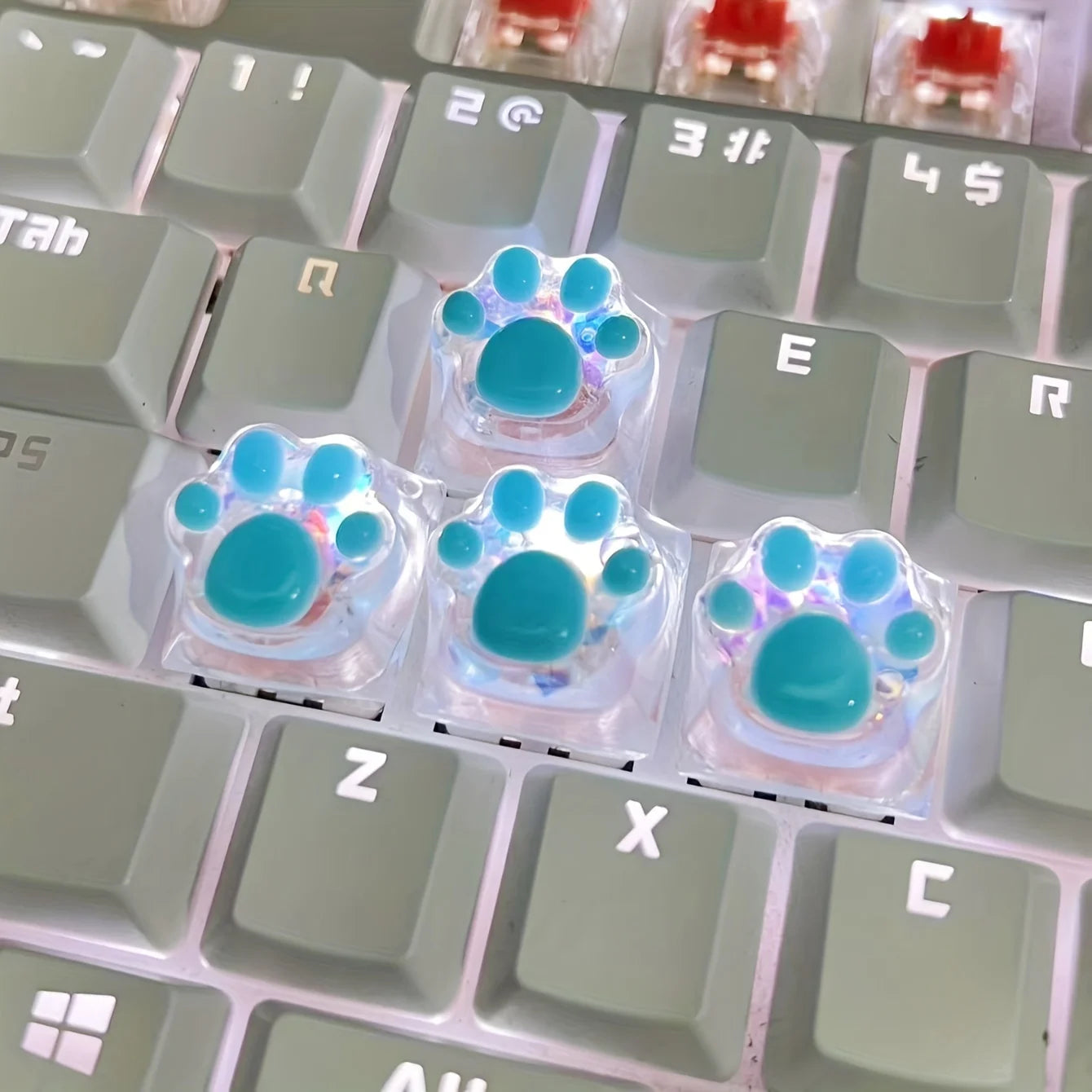 4pcs Sequin Cute Cat Claw Keycaps Cross Axis Mechanical Transparent Keycaps Accessories