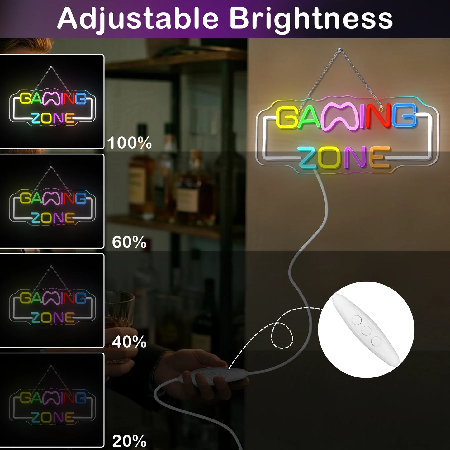 Gaming Zone Neon Sign USB Powered Wall Hanging Colorful Multipurpose Neon Light for Gaming Room Home Party Pub Club