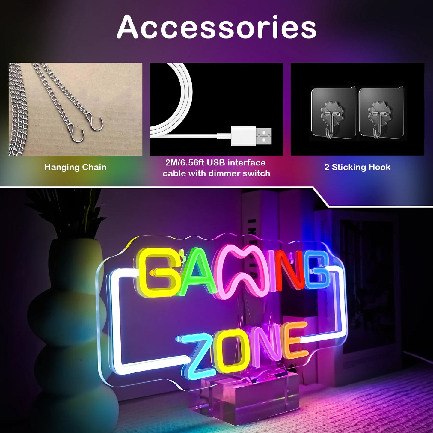 Gaming Zone Neon Sign USB Powered Wall Hanging Colorful Multipurpose Neon Light for Gaming Room Home Party Pub Club