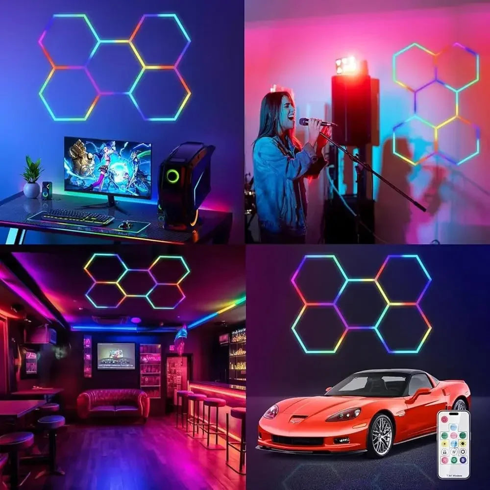 Customized RGB Hexagon LED Garage Light Honeycomb Ceiling Lamps With Remote APP Control for Car Wash Repair Gaming Room BarDecor