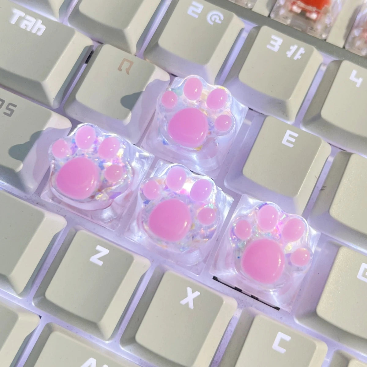 4pcs Sequin Cute Cat Claw Keycaps Cross Axis Mechanical Transparent Keycaps Accessories