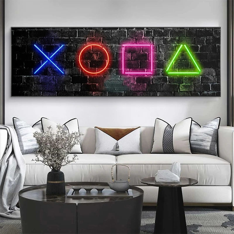 Neon Game Button Symbol Gaming Canvas Art Print Poster Wall Art Canvas Picture for Living Room Cuadros Home Wall Decoration