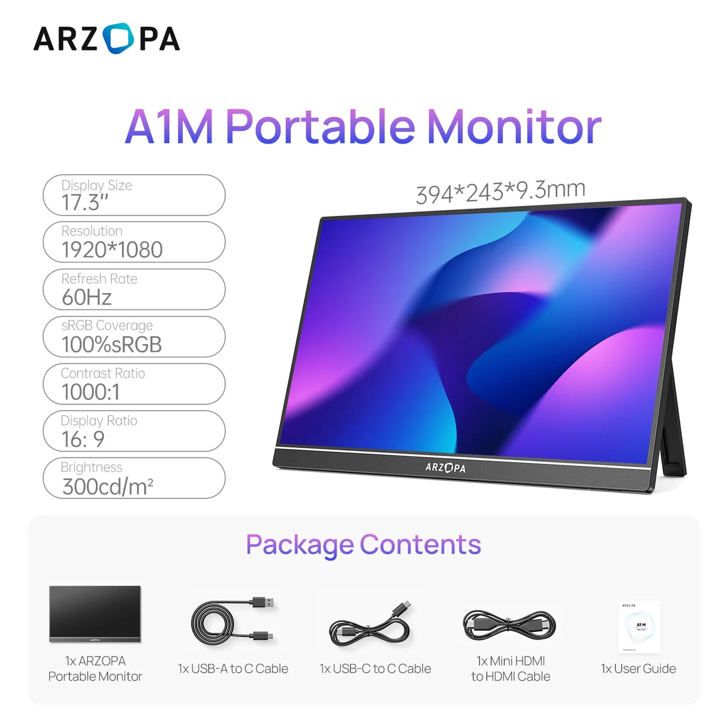 ARZOPA 17.3''1080P IPS Portable Gaming Monitor HDMI USB External Laptop Display Screen Kickstand for PC/Mac/Phone/Xbox/Switch/PS